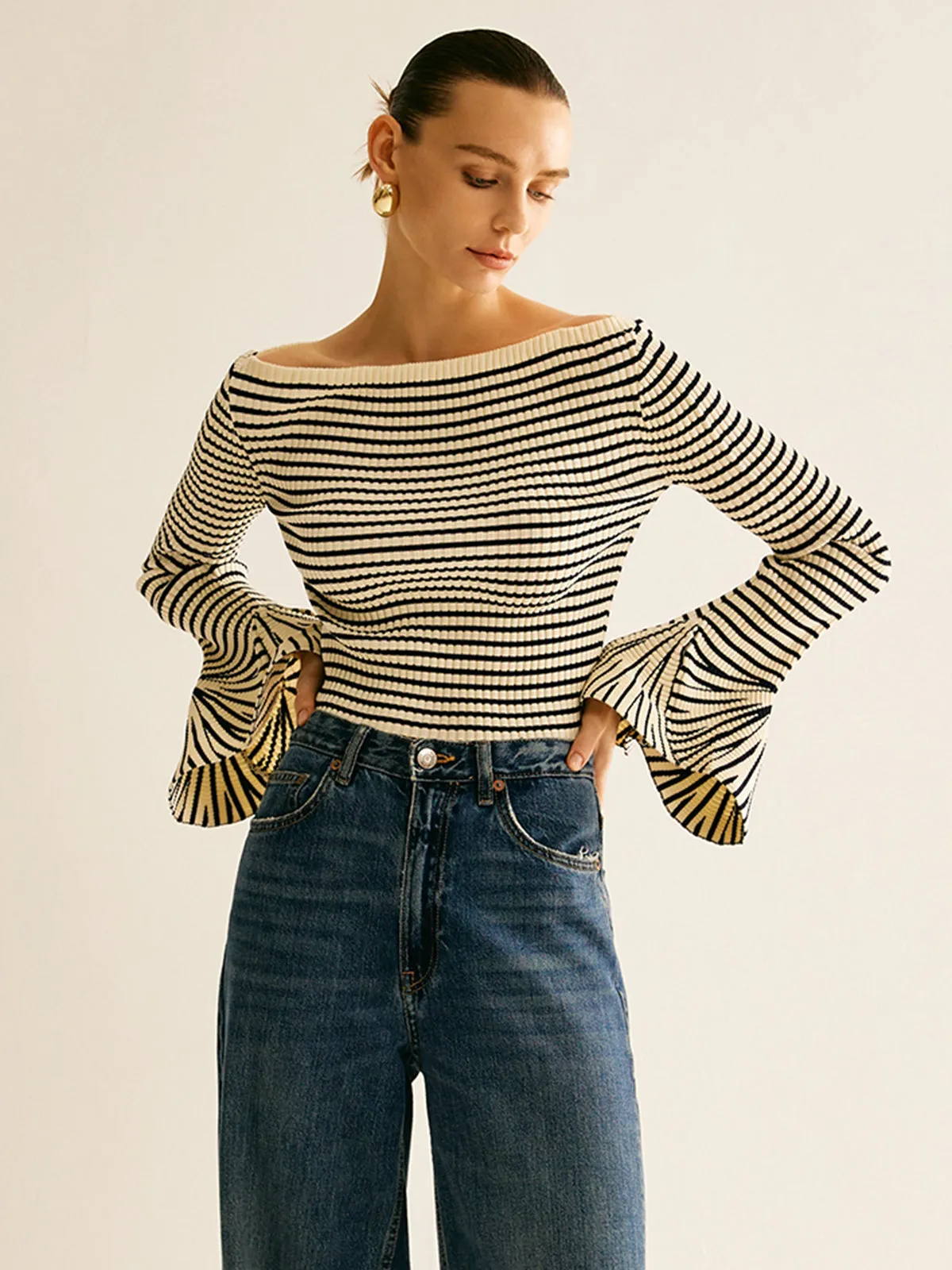 Cold-Shoulder Striped Ruffle-Sleeve Cardigan sold by COMMENSE