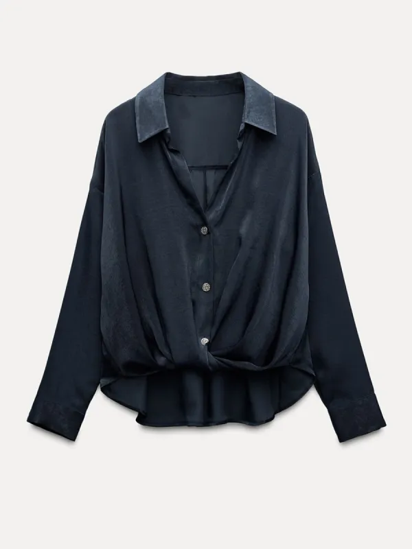 Plain Pleated Satin Polo Shirt sold by COMMENSE