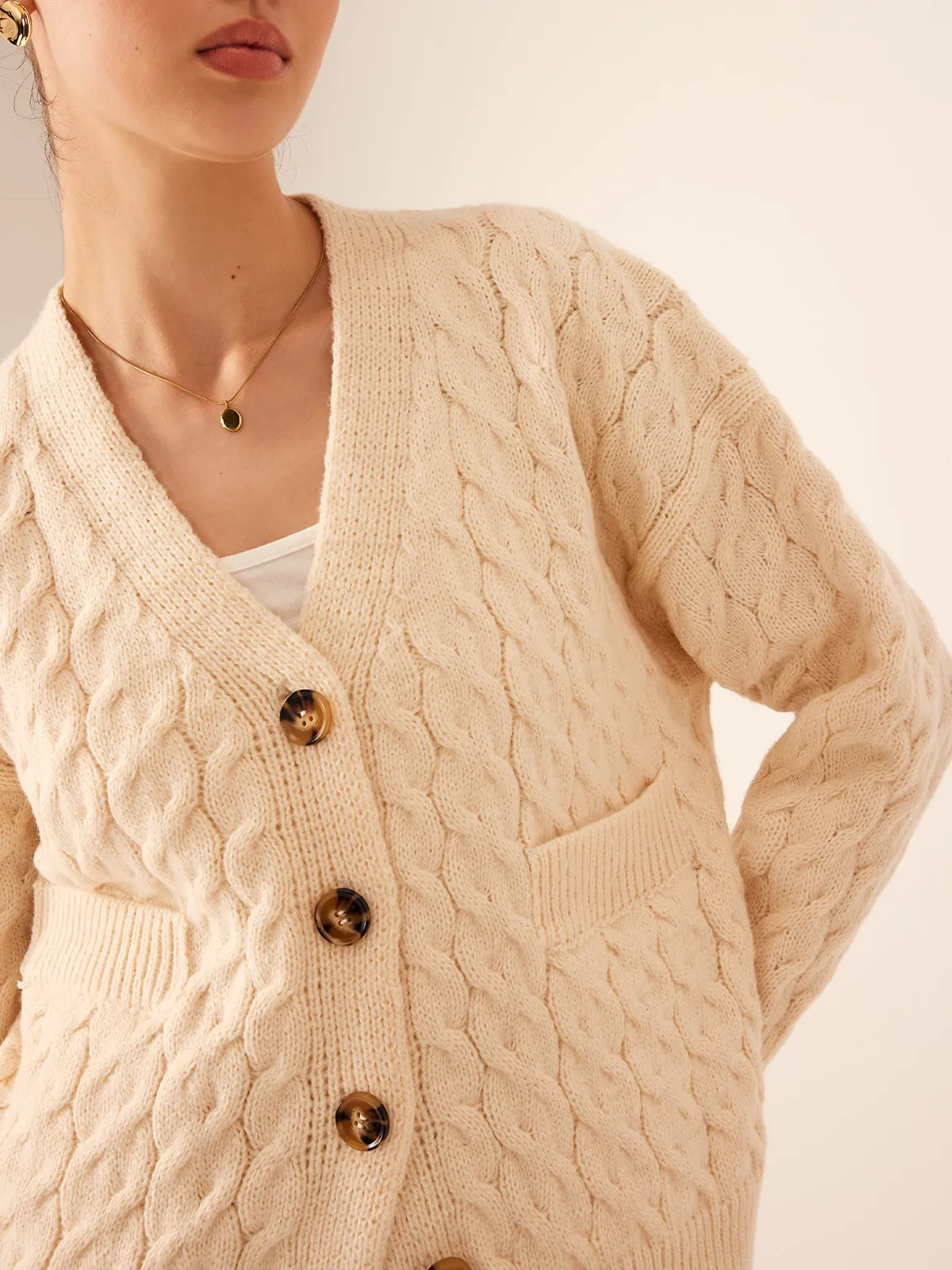 Elegant V-Neck Ribbed Cable Cardigan sold by COMMENSE product image thumbnail 5
