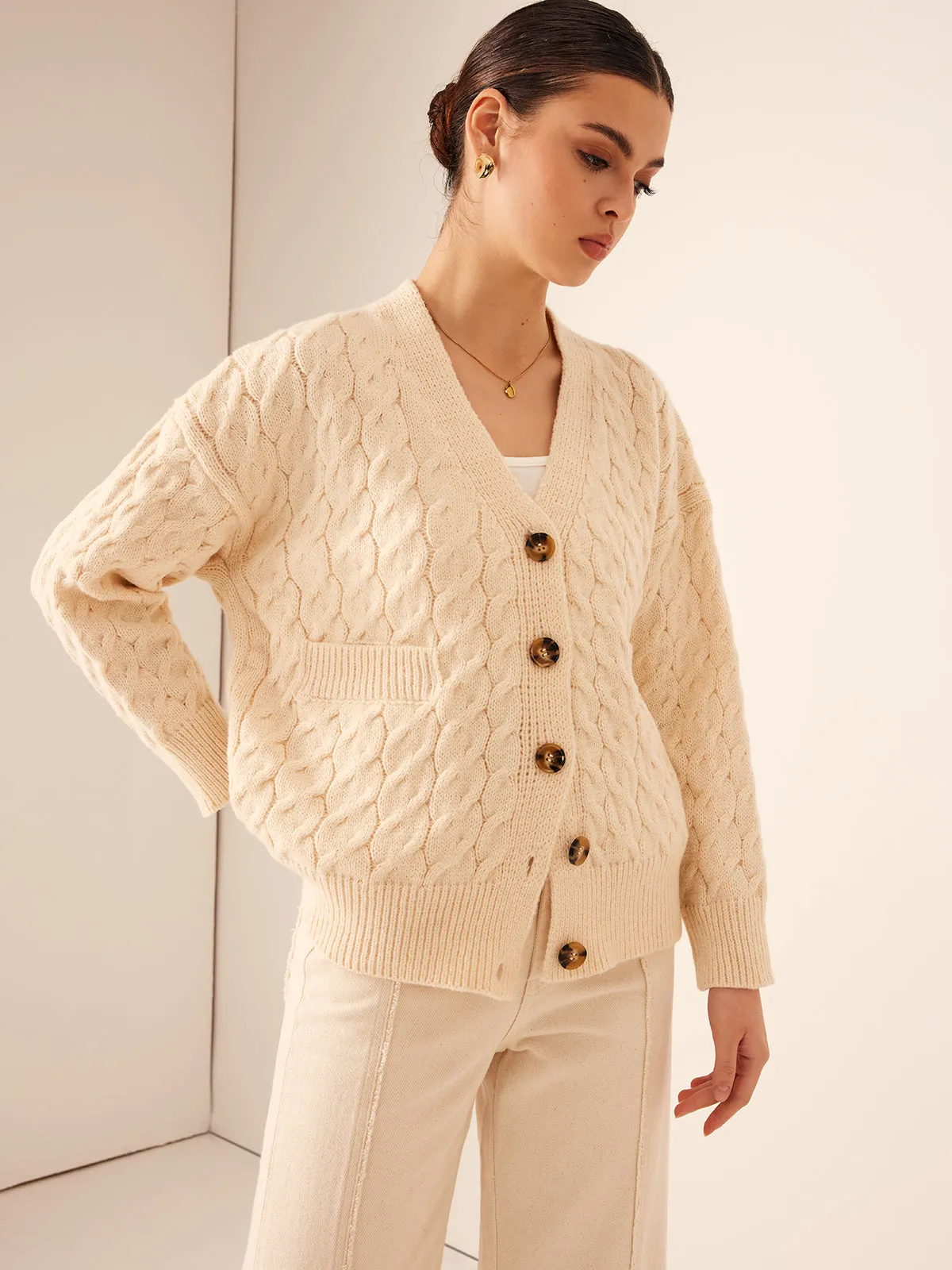 Elegant V-Neck Ribbed Cable Cardigan sold by COMMENSE product image thumbnail 2