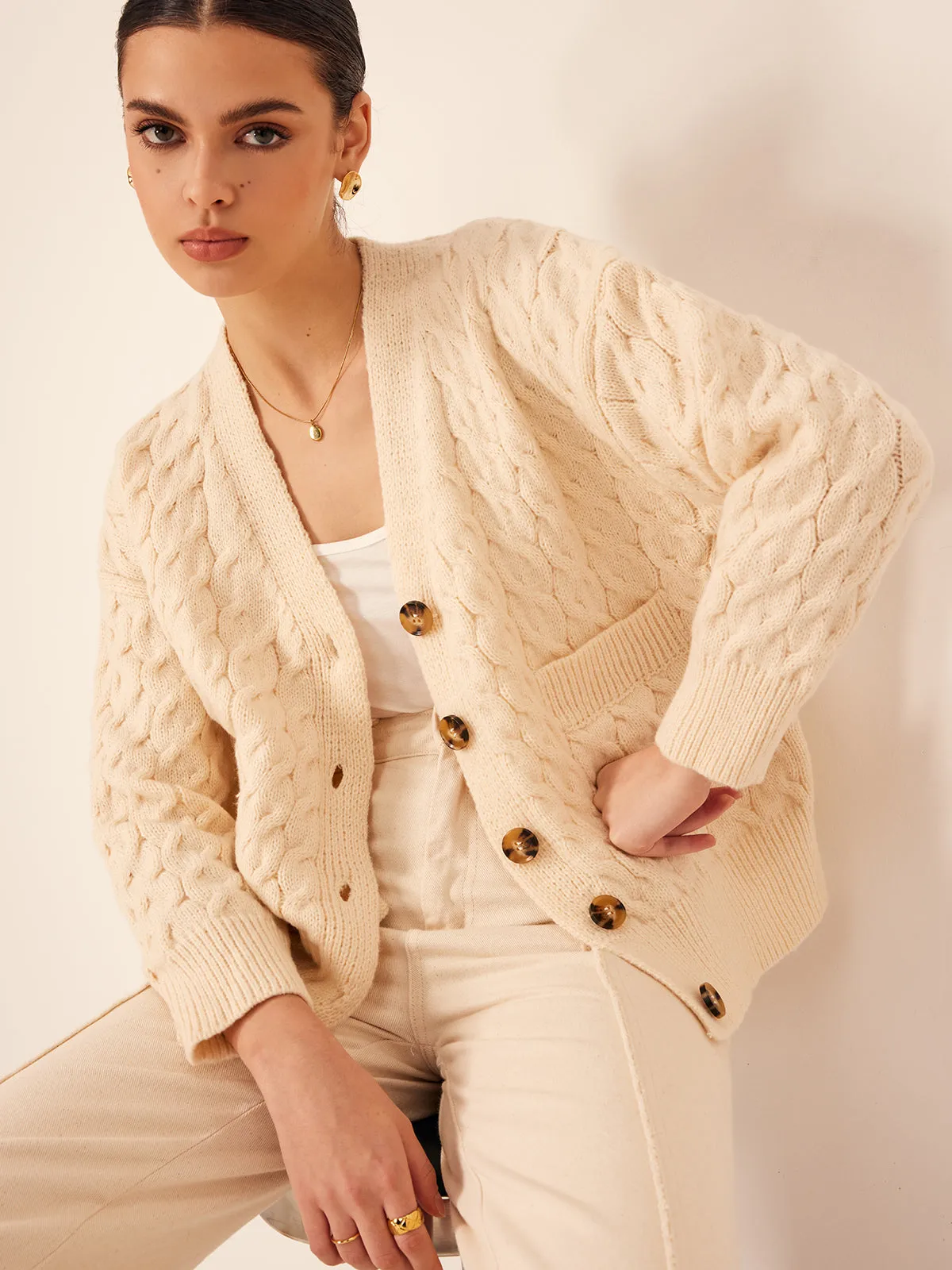 Elegant V-Neck Ribbed Cable Cardigan sold by COMMENSE product image thumbnail 3