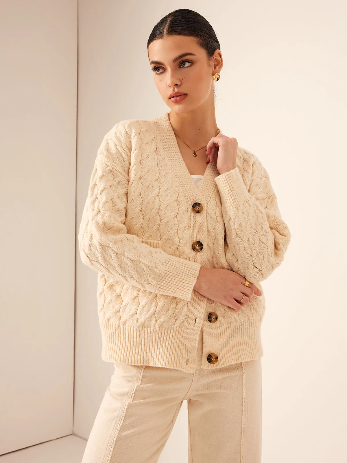 Elegant V-Neck Ribbed Cable Cardigan sold by COMMENSE product image thumbnail 4