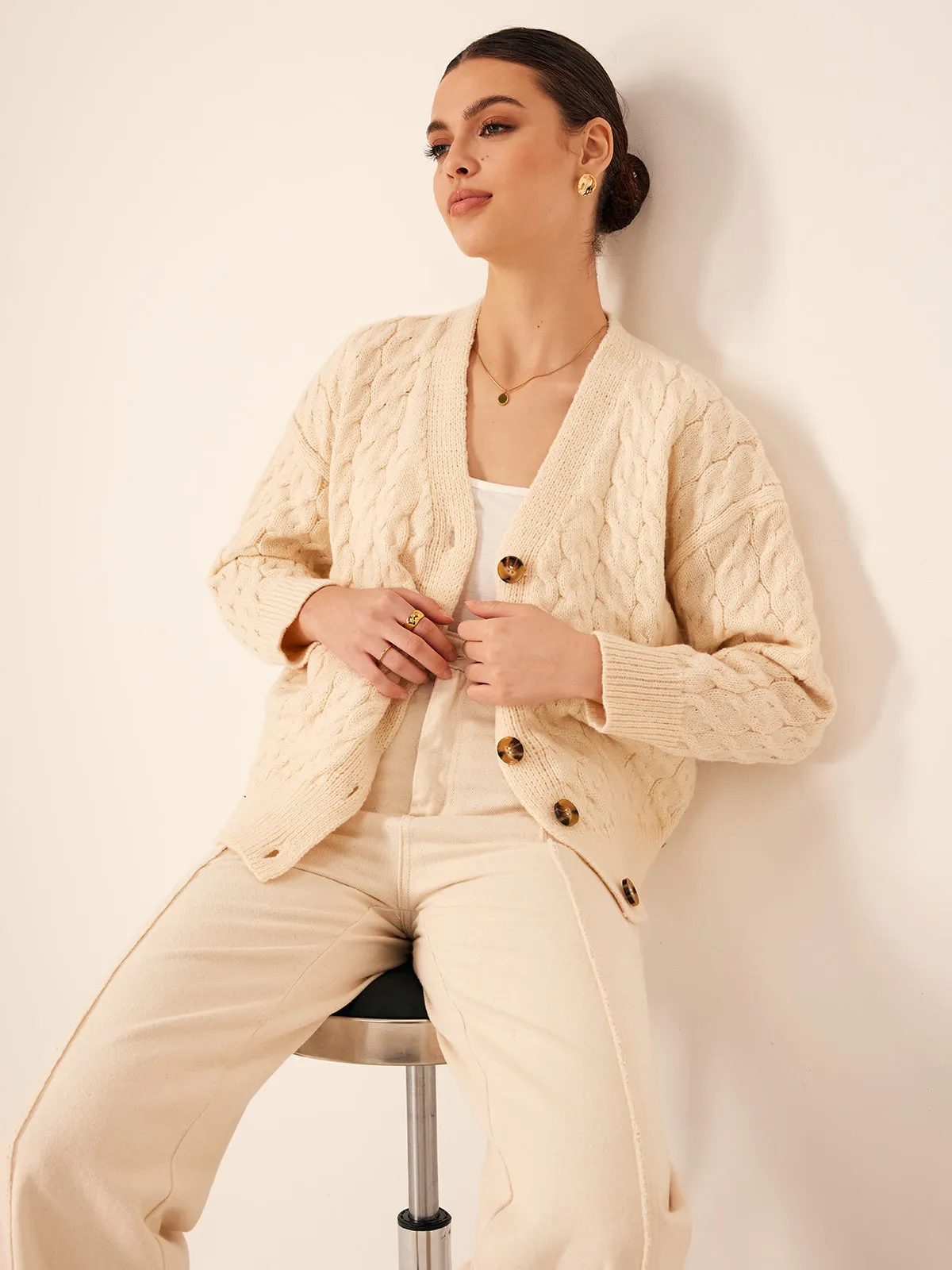 Elegant V-Neck Ribbed Cable Cardigan sold by COMMENSE