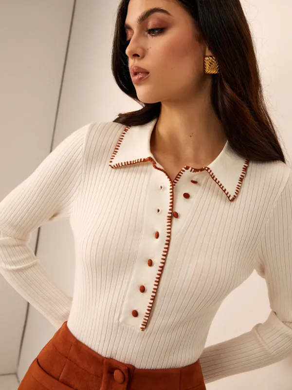 Embroidered Trim Button Lapel Knit Top sold by COMMENSE