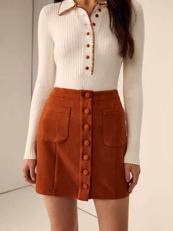 Breasted Pockets Faux Leather Skirt sold by COMMENSE