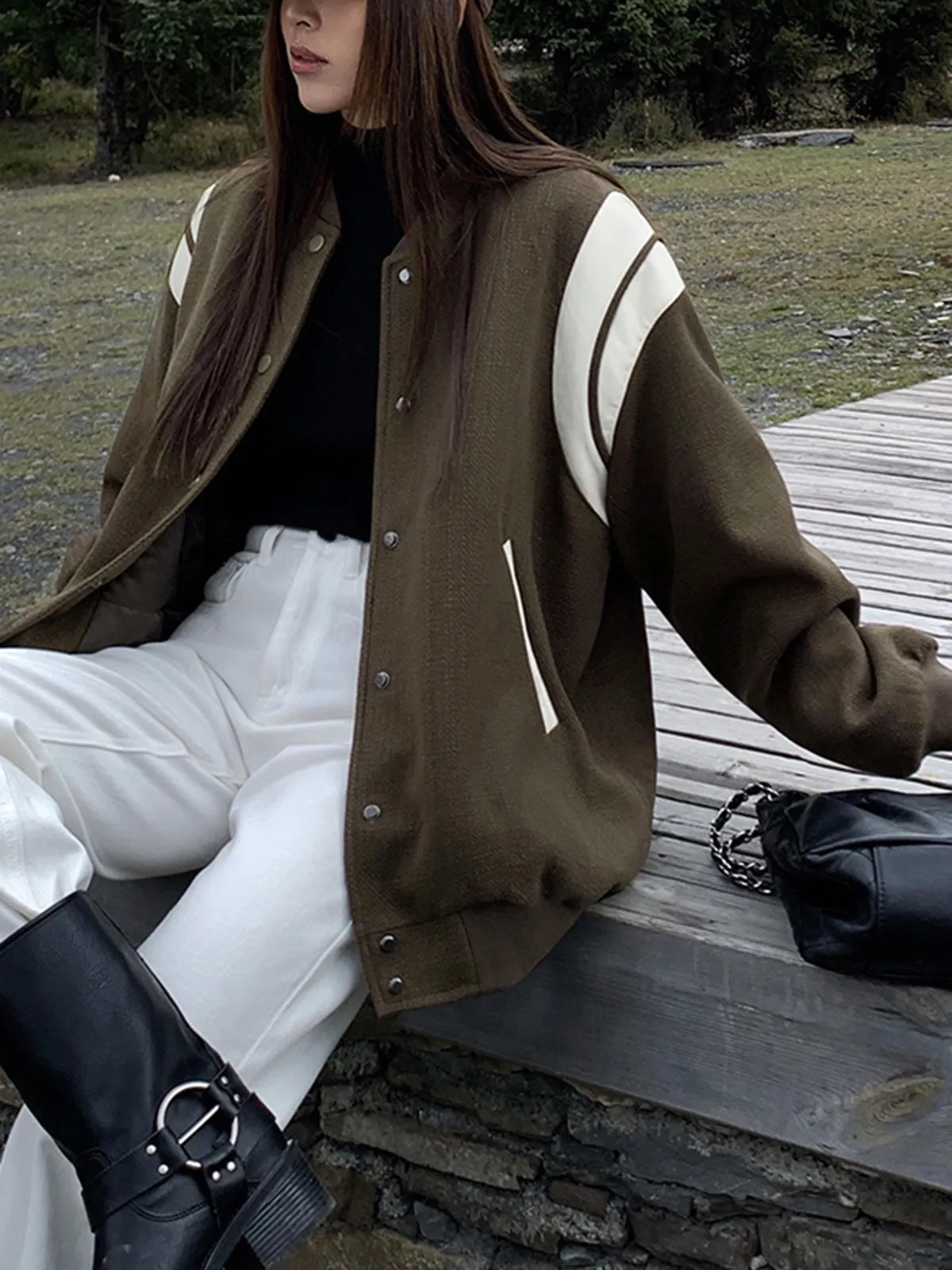 Stand Collar Contrast Trim Pockets Jacket sold by COMMENSE product image thumbnail 3