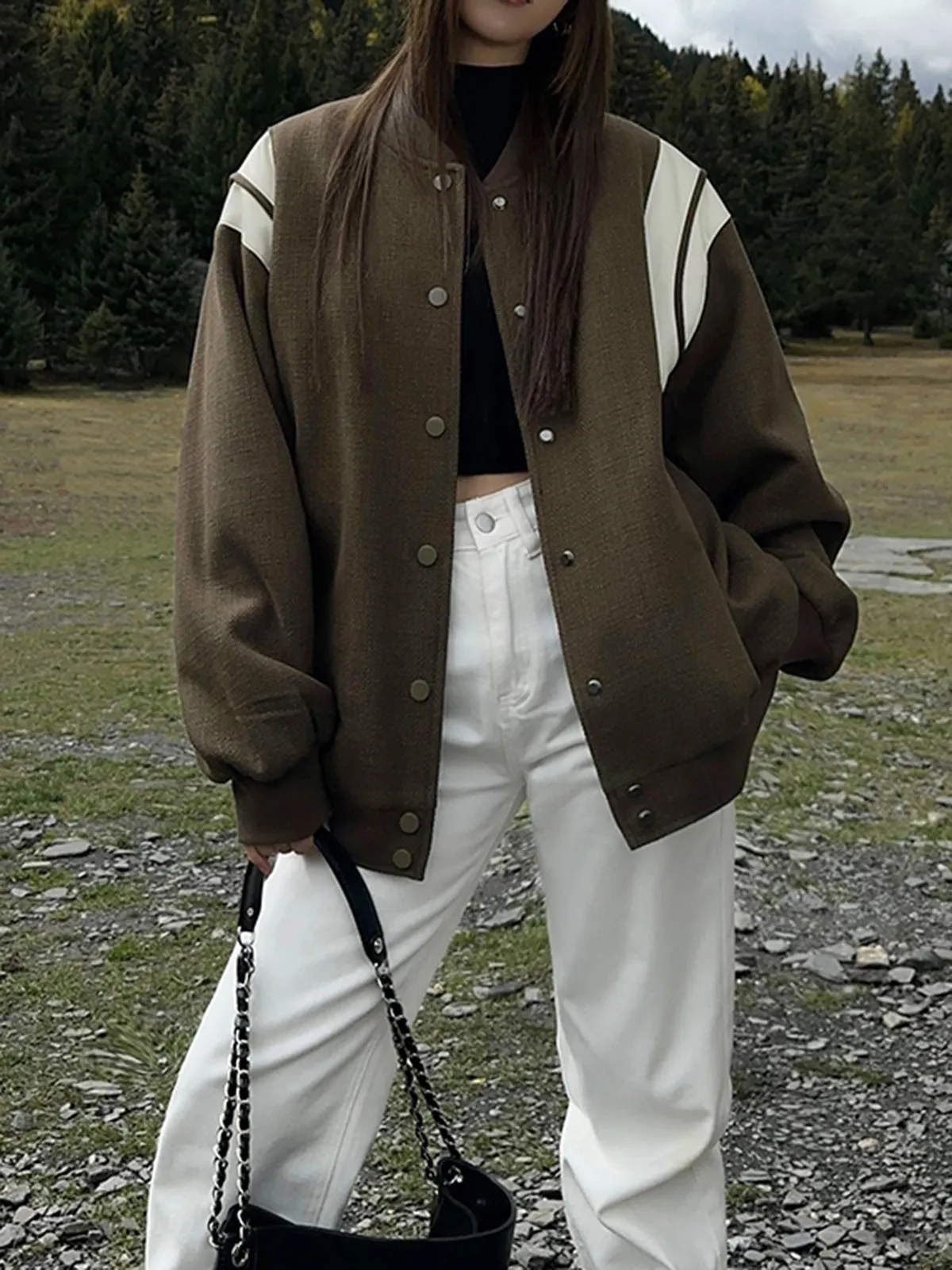 Stand Collar Contrast Trim Pockets Jacket sold by COMMENSE