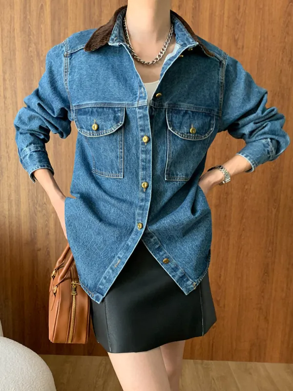Contrast Collar Denim Polo Jacket sold by COMMENSE