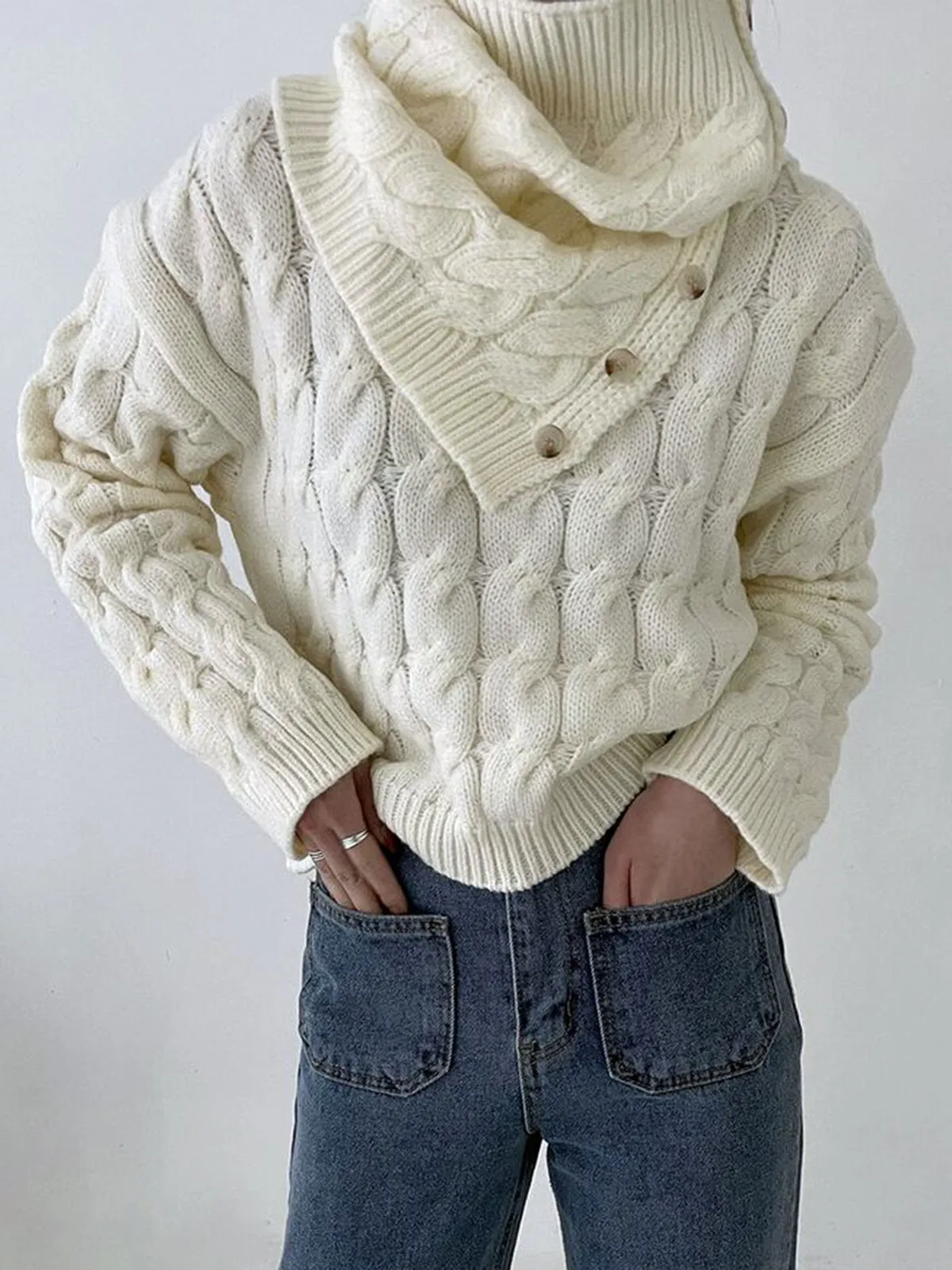 Cable Sweater With Button Scarf sold by COMMENSE product image thumbnail 3