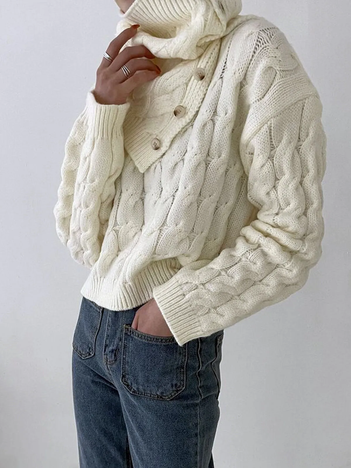 Cable Sweater With Button Scarf sold by COMMENSE product image thumbnail 4