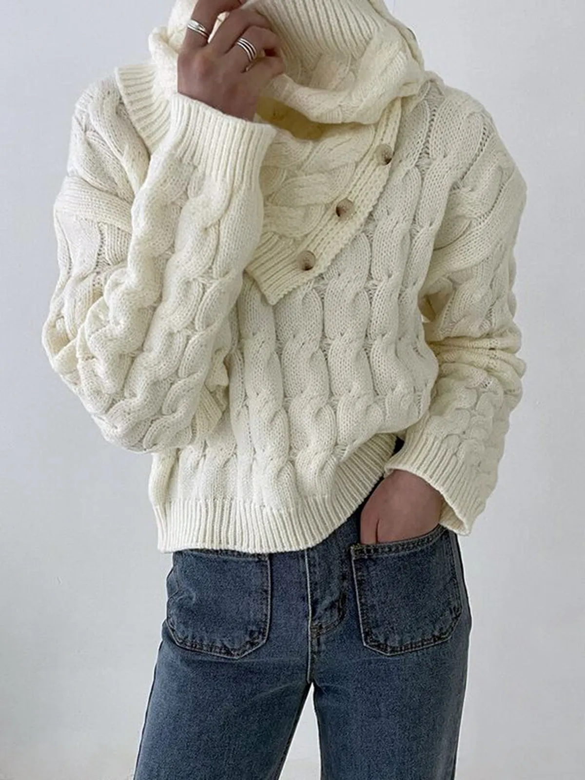 Cable Sweater With Button Scarf sold by COMMENSE product image thumbnail 2