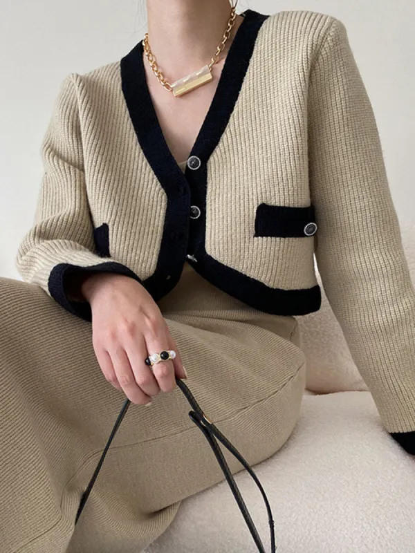 Leisure Contrast Trim Knit Skirt Set sold by COMMENSE