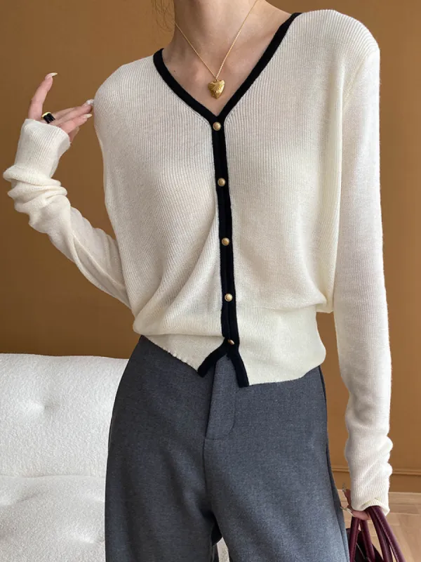 Wool-Blend Contrast Side Piping Cardigan sold by COMMENSE