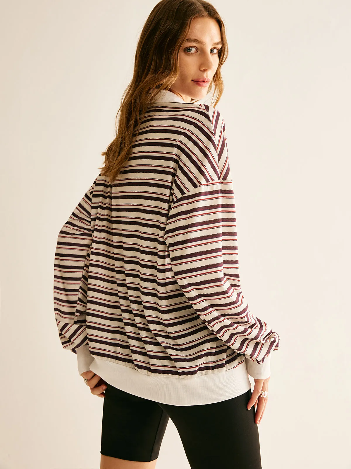 Contrast Trim Striped Polo Sweatshirt sold by COMMENSE product image thumbnail 3