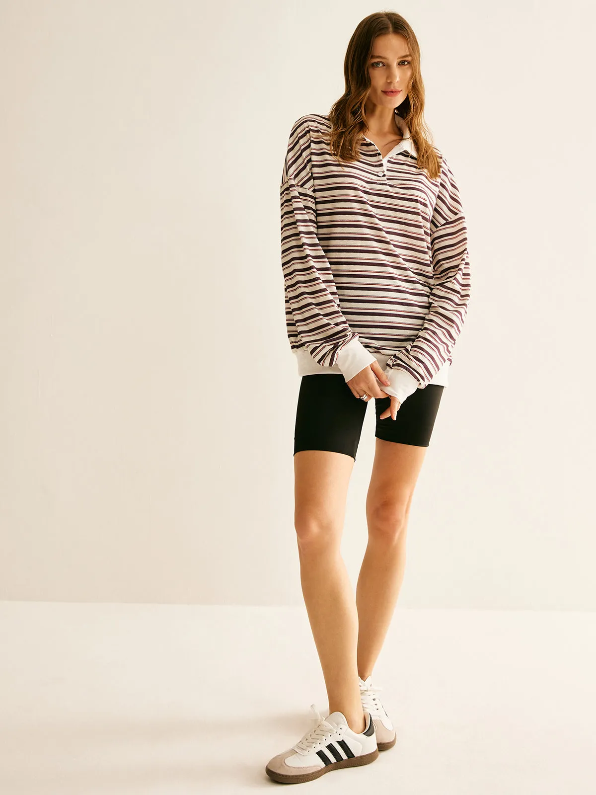 Contrast Trim Striped Polo Sweatshirt sold by COMMENSE product image thumbnail 4