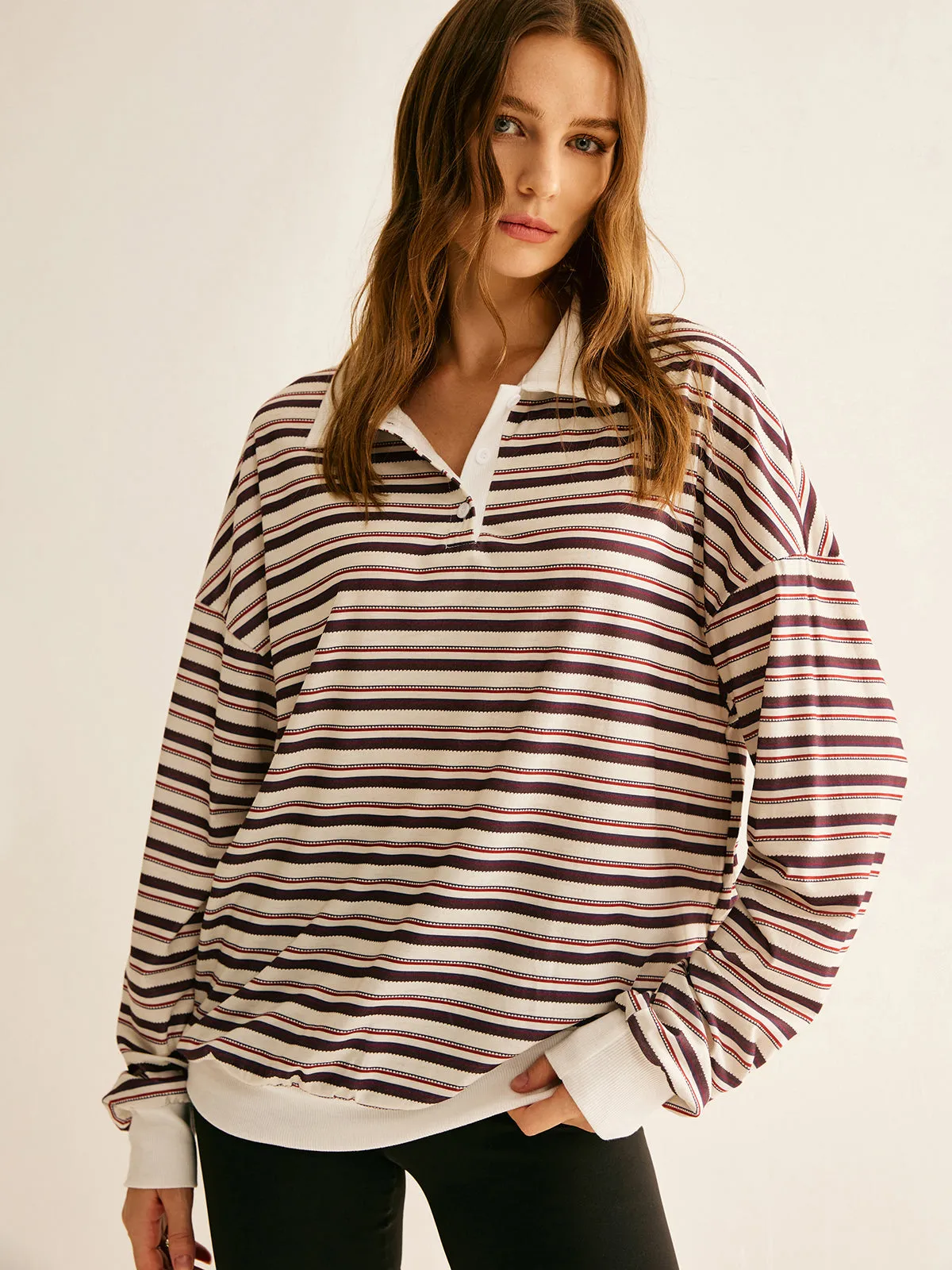 Contrast Trim Striped Polo Sweatshirt sold by COMMENSE