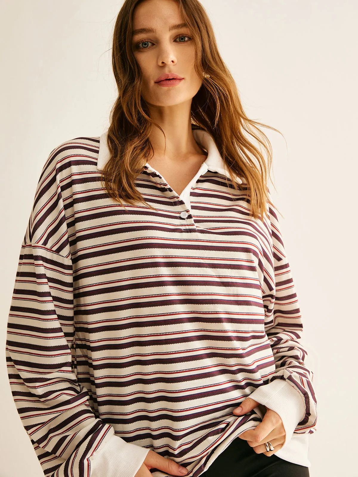 Contrast Trim Striped Polo Sweatshirt sold by COMMENSE product image thumbnail 5