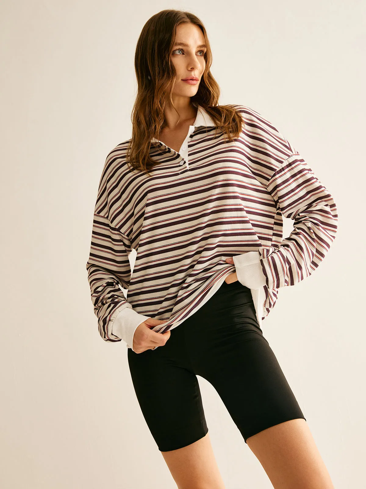 Contrast Trim Striped Polo Sweatshirt sold by COMMENSE product image thumbnail 2