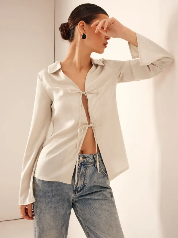 Tie Front Slim Lapel Blouse sold by COMMENSE