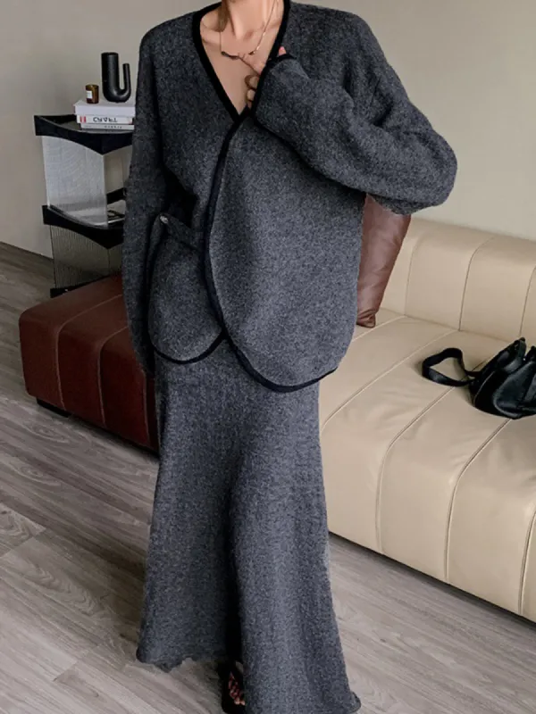 Contrast Side Piping Belted Sweater Co-ord sold by COMMENSE