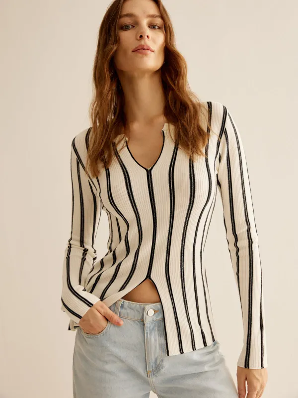 Split Pinstripe Slim Knit Top sold by COMMENSE