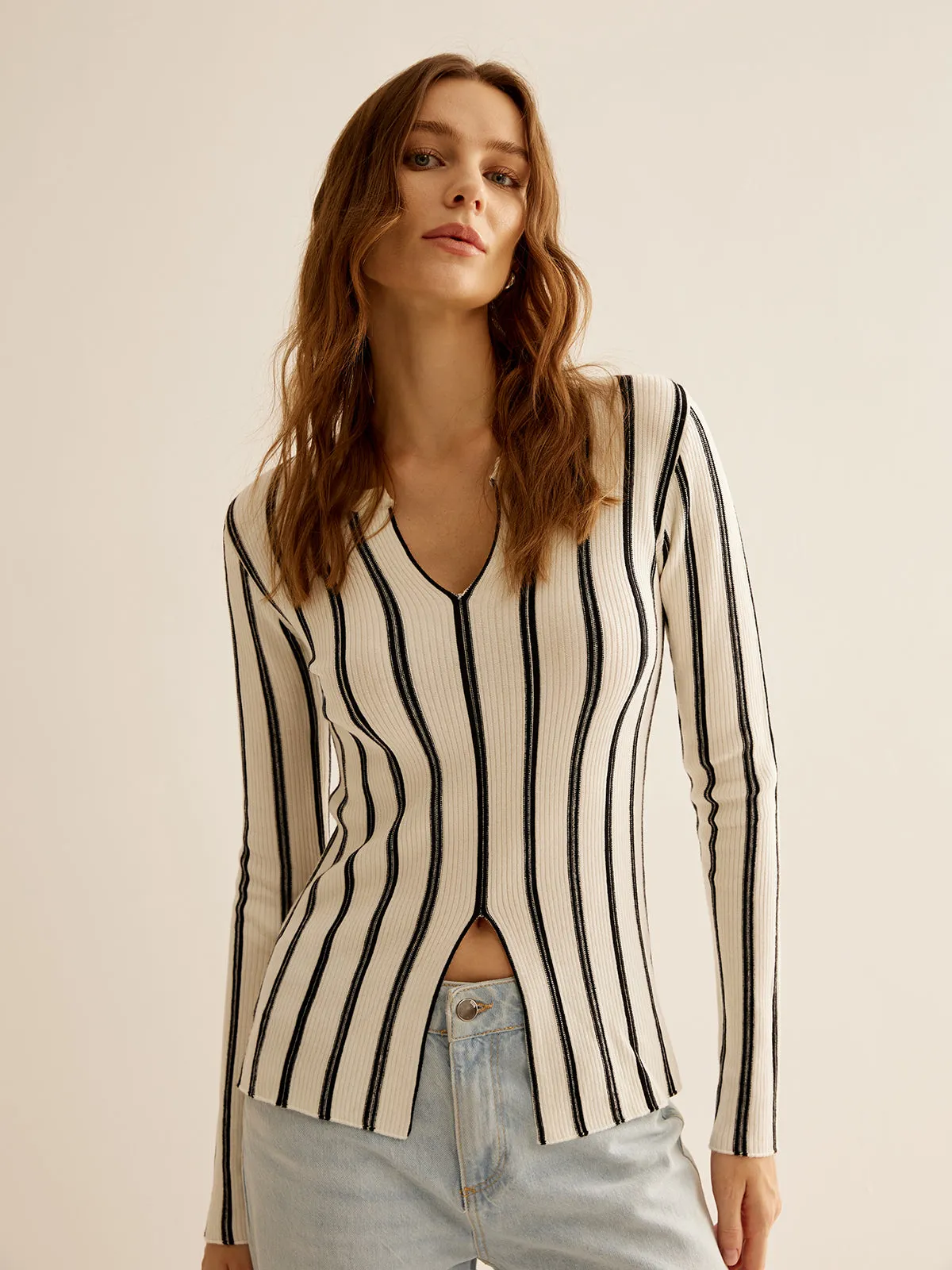 Split Pinstripe Slim Knit Top sold by COMMENSE product image thumbnail 5