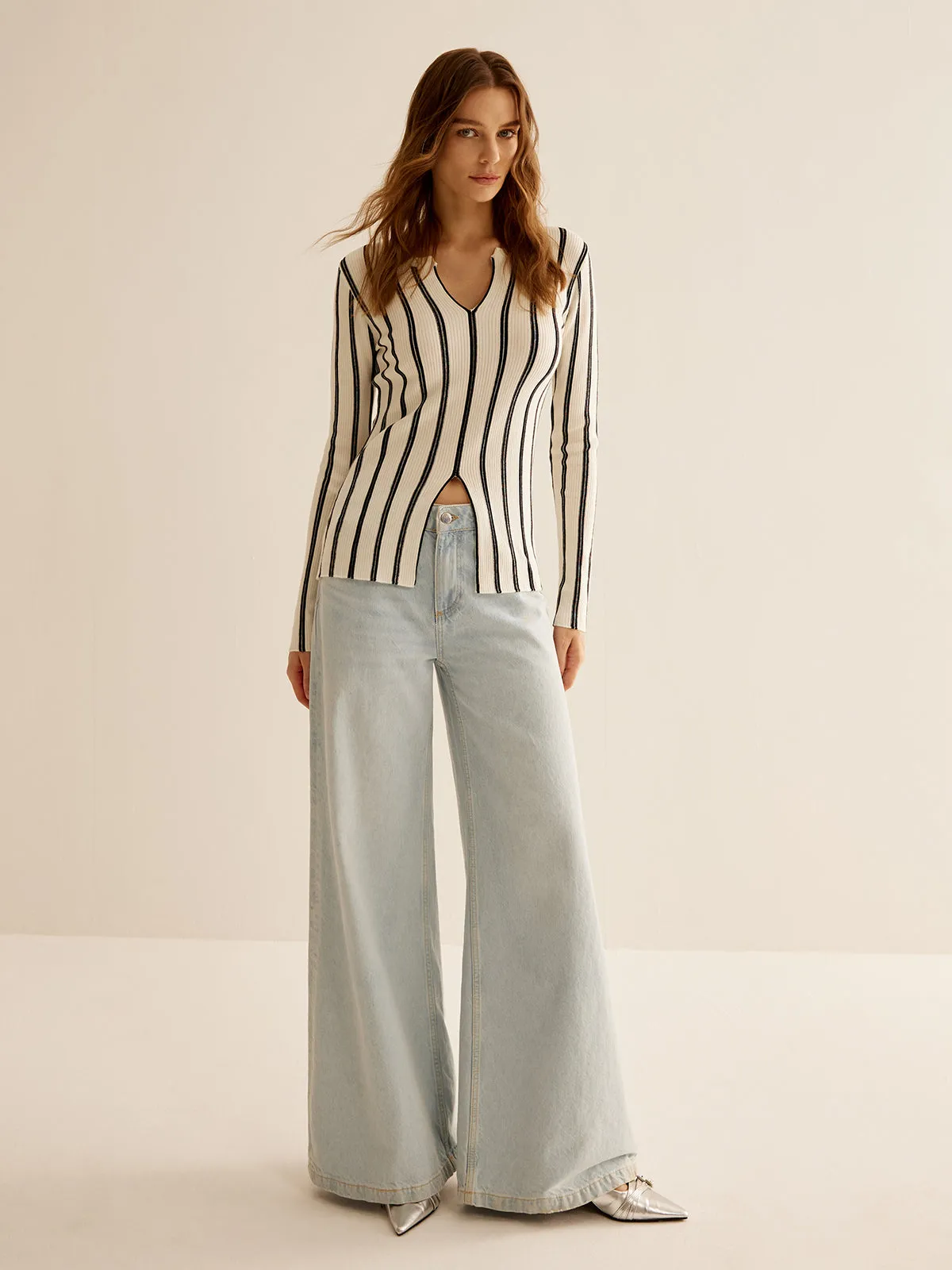 Split Pinstripe Slim Knit Top sold by COMMENSE product image thumbnail 3