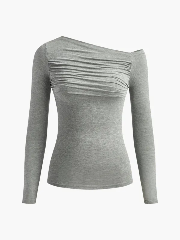 Asymmetrical Neck Pleated Long Sleeve T-Shirt sold by COMMENSE