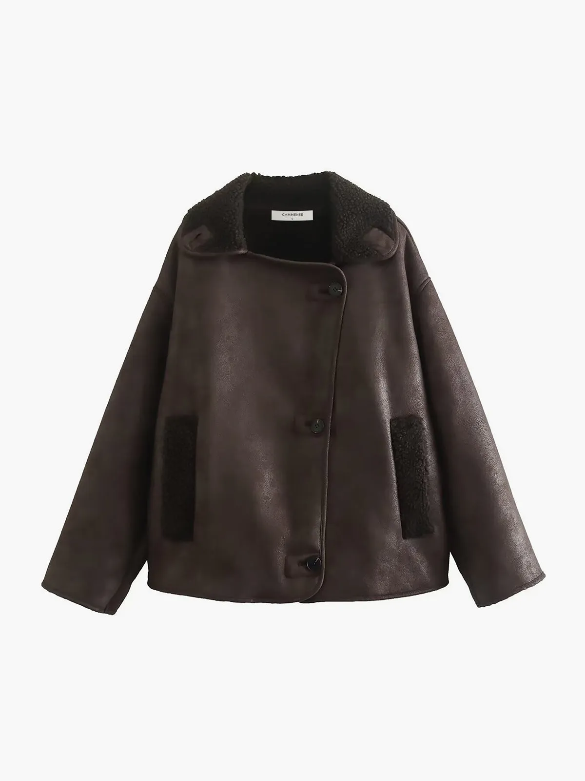 Lapel Faux Leather Warm Jacket sold by COMMENSE