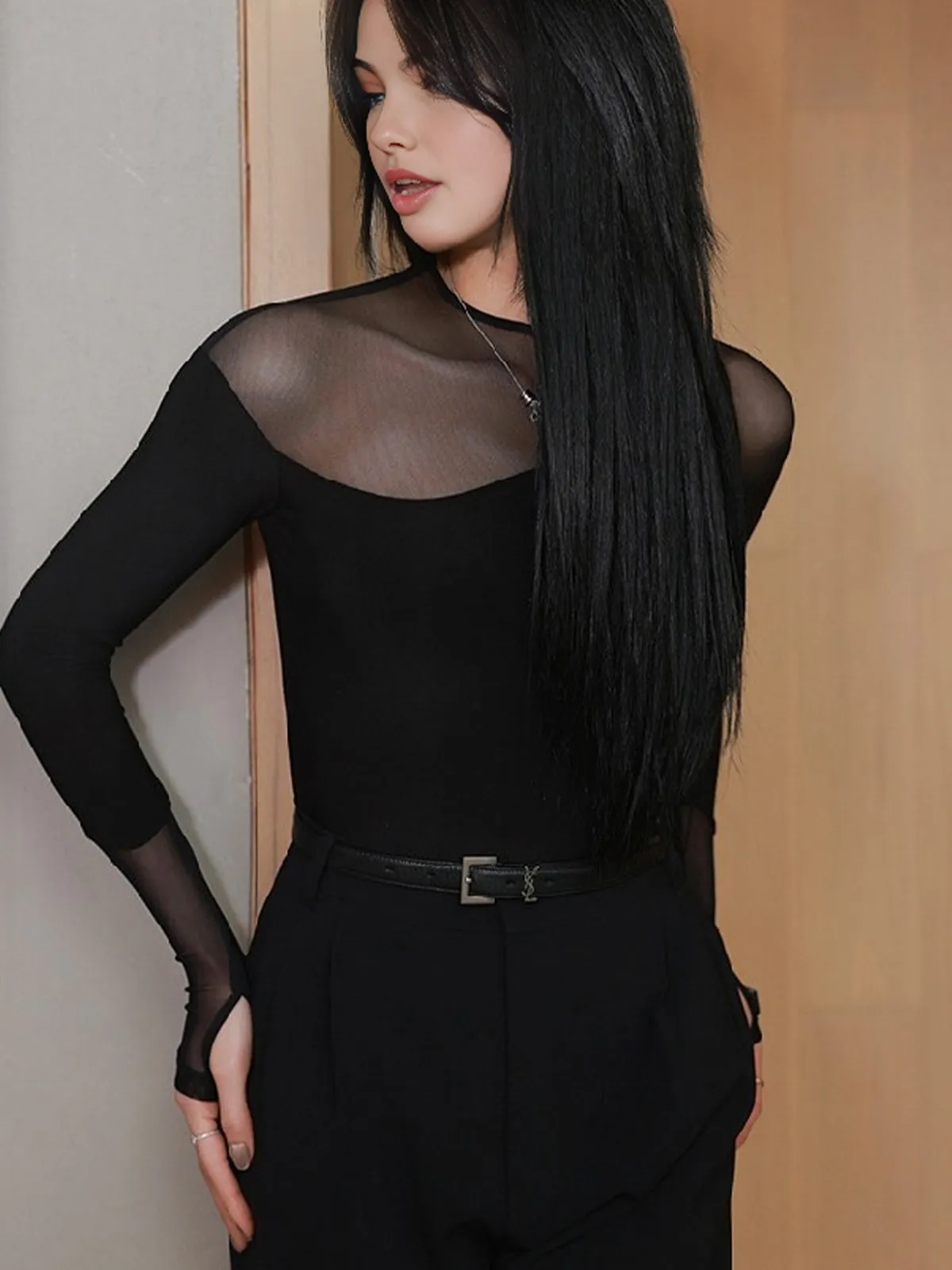 Back Zipper Sheer Panel Blouse sold by COMMENSE product image thumbnail 4
