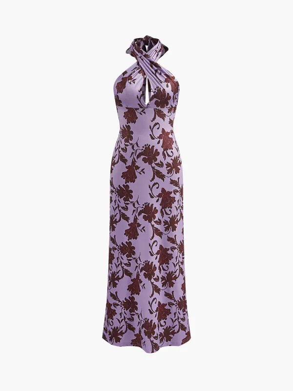 Floral Print Adjustable Halter Long Dress sold by COMMENSE