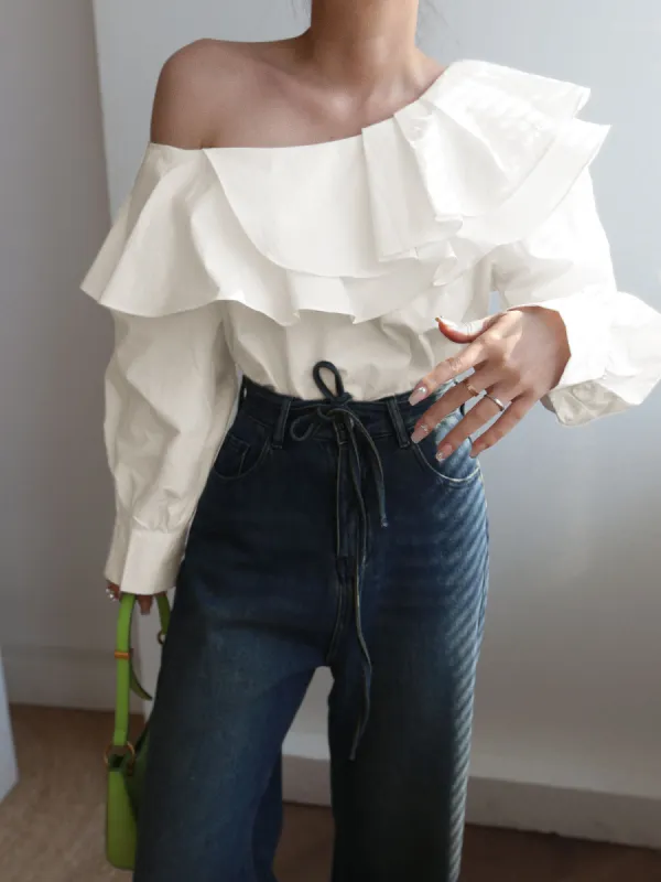 Ruffled Trim Asymmetric Off Shoulder Blouse sold by COMMENSE