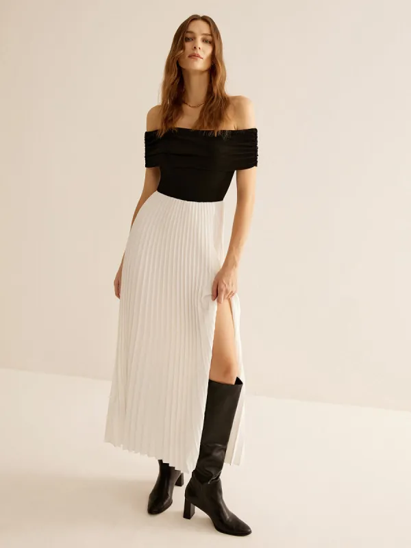 Off-Shoulder Panel Pleated Slit Dress sold by COMMENSE