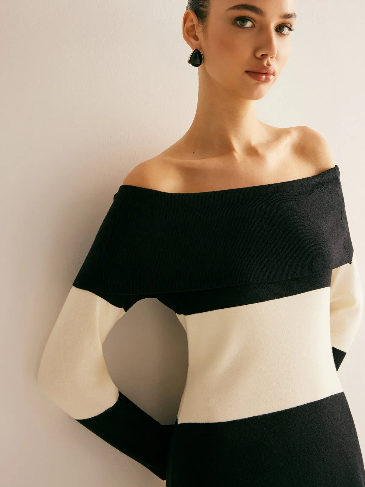 Off-Shoulder Striped Sweater Dress sold by COMMENSE product image thumbnail 5