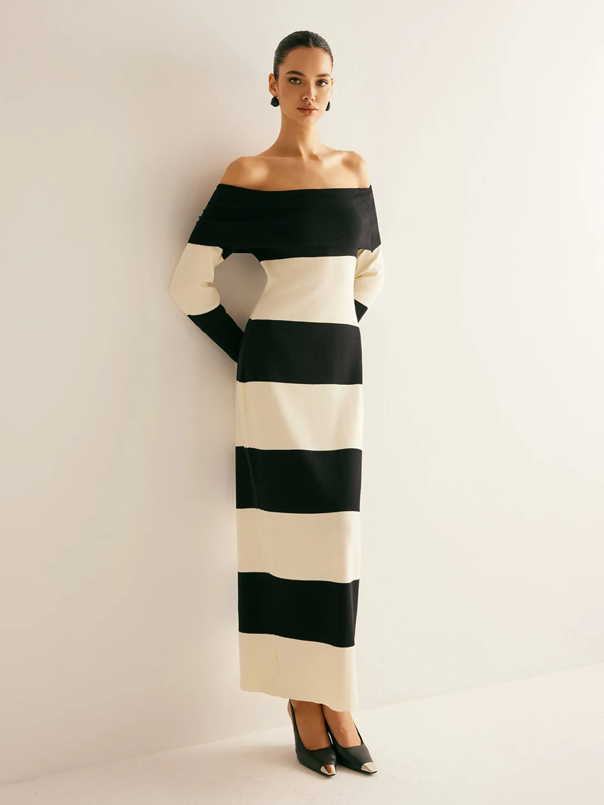 Off-Shoulder Striped Sweater Dress sold by COMMENSE product image thumbnail 2