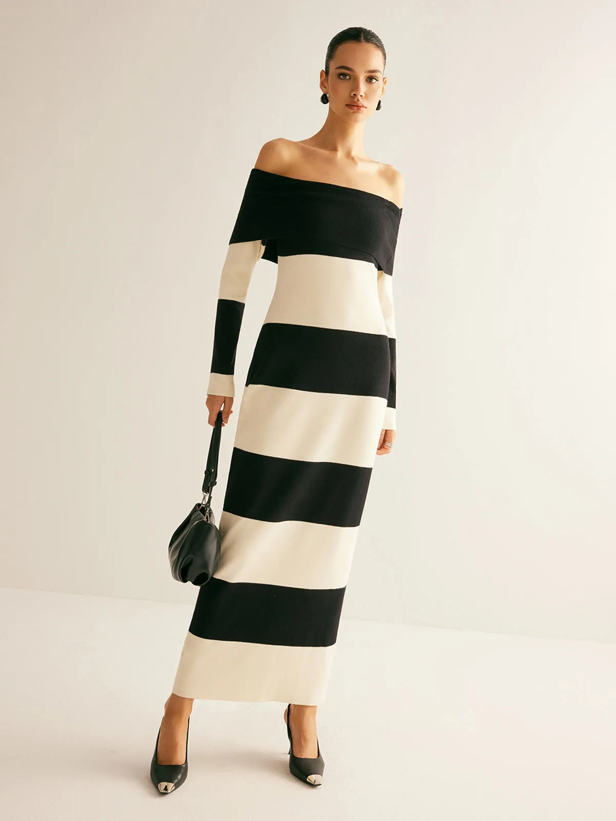 Off-Shoulder Striped Sweater Dress sold by COMMENSE product image thumbnail 3