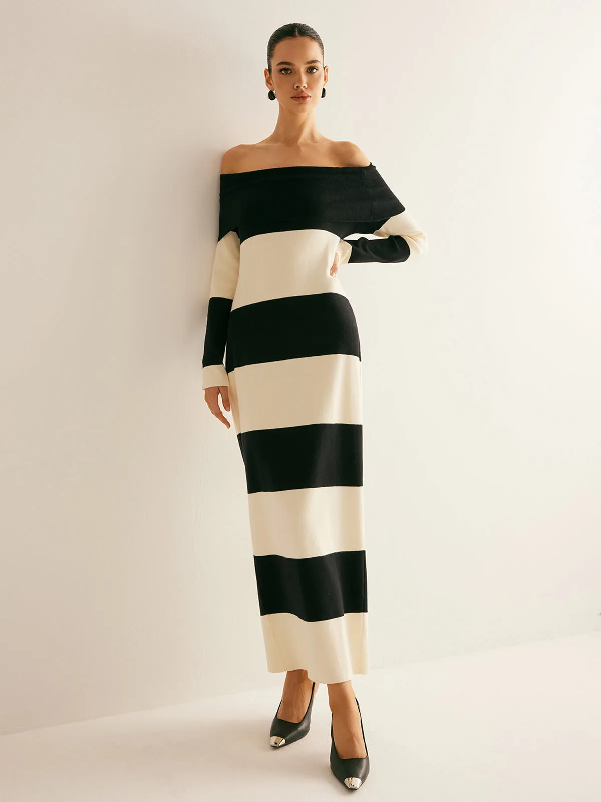 Off-Shoulder Striped Sweater Dress sold by COMMENSE product image thumbnail 4