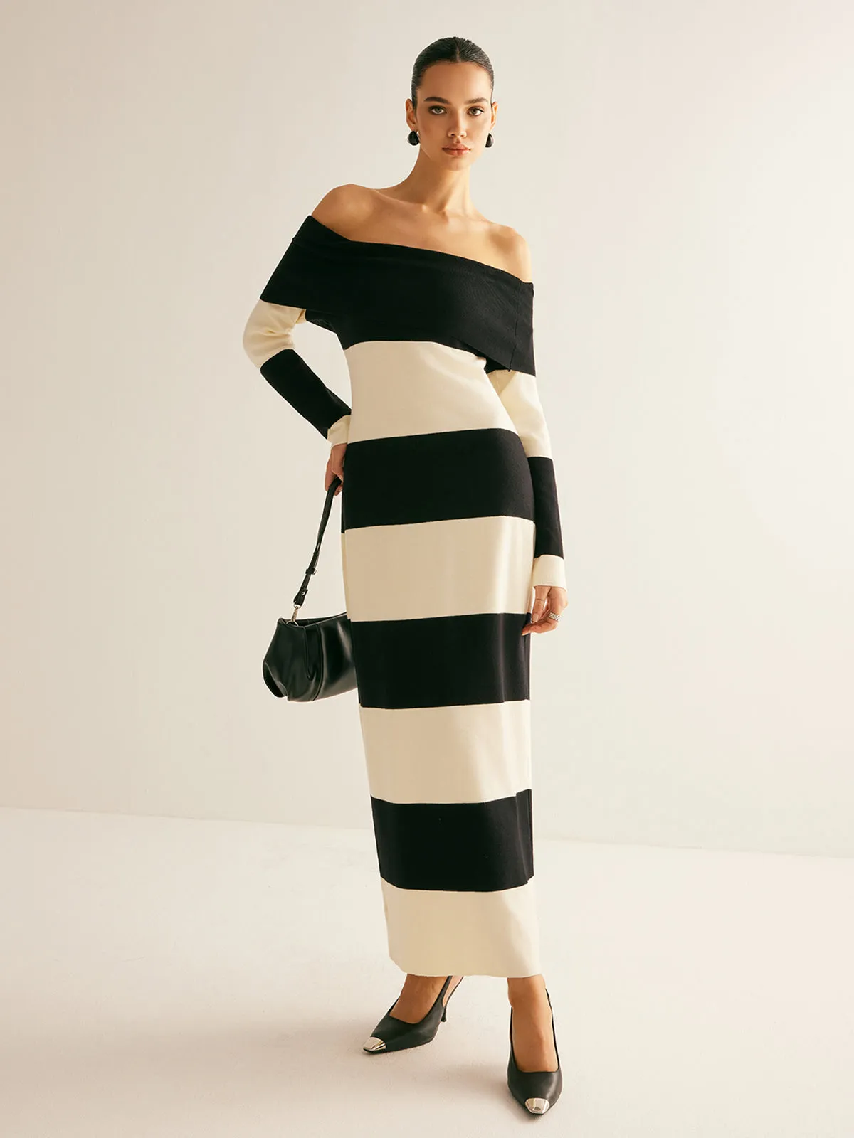 Off-Shoulder Striped Sweater Dress sold by COMMENSE