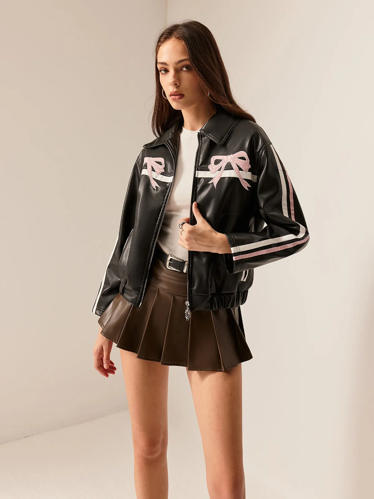 Contrast Pinstripe PU Leather Jacket sold by COMMENSE product image thumbnail 4