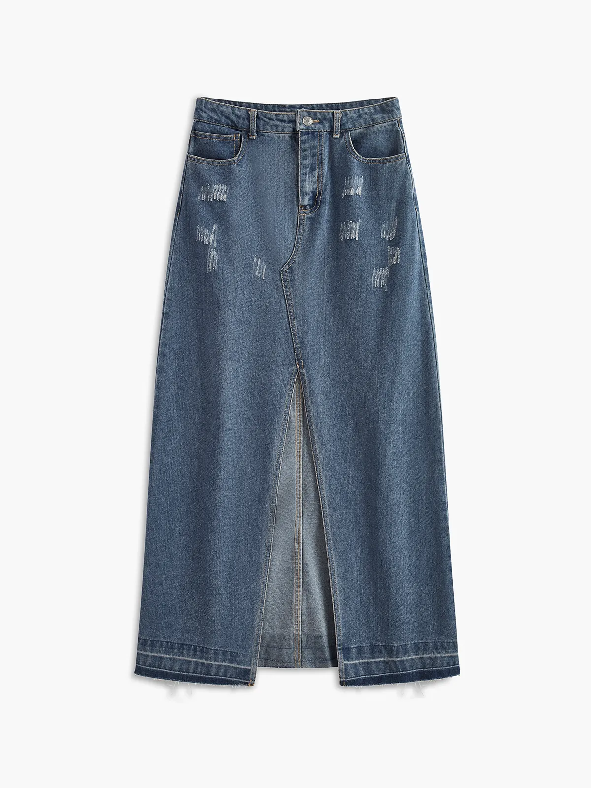 High-Waist Split Denim Midi Skirt sold by COMMENSE