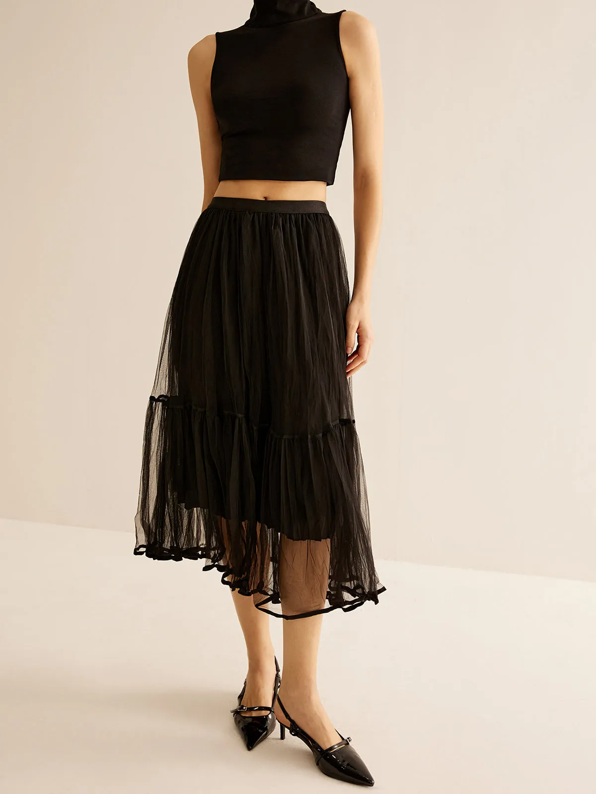 Tulle Ruffle Flowy Midi Skirt sold by COMMENSE product image thumbnail 5