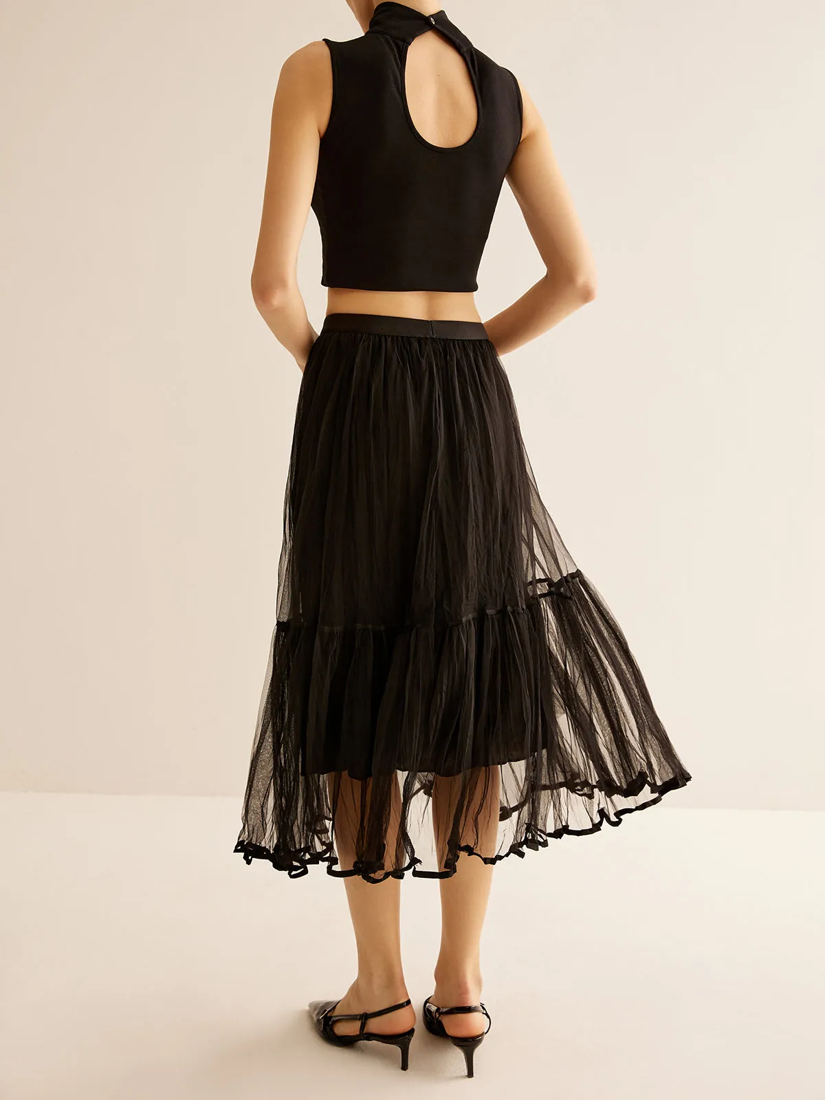 Tulle Ruffle Flowy Midi Skirt sold by COMMENSE product image thumbnail 2