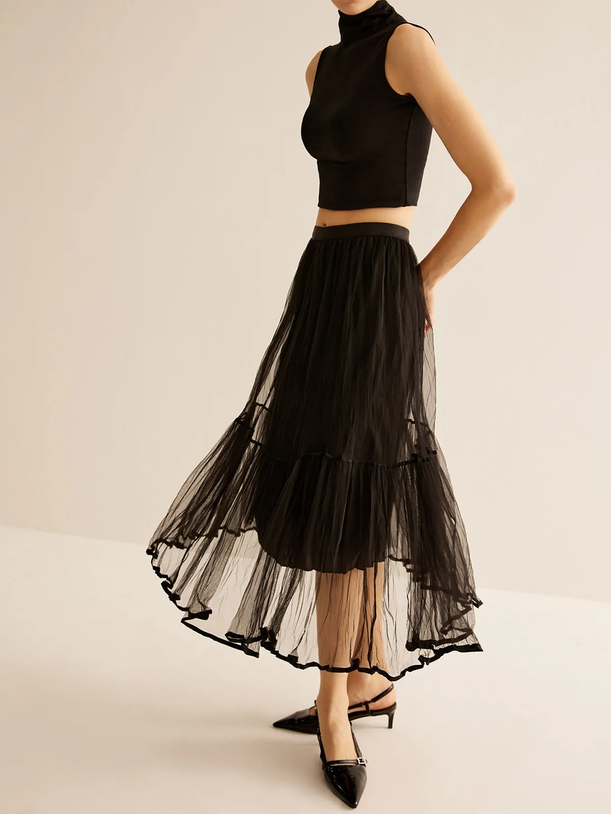 Tulle Ruffle Flowy Midi Skirt sold by COMMENSE product image thumbnail 3