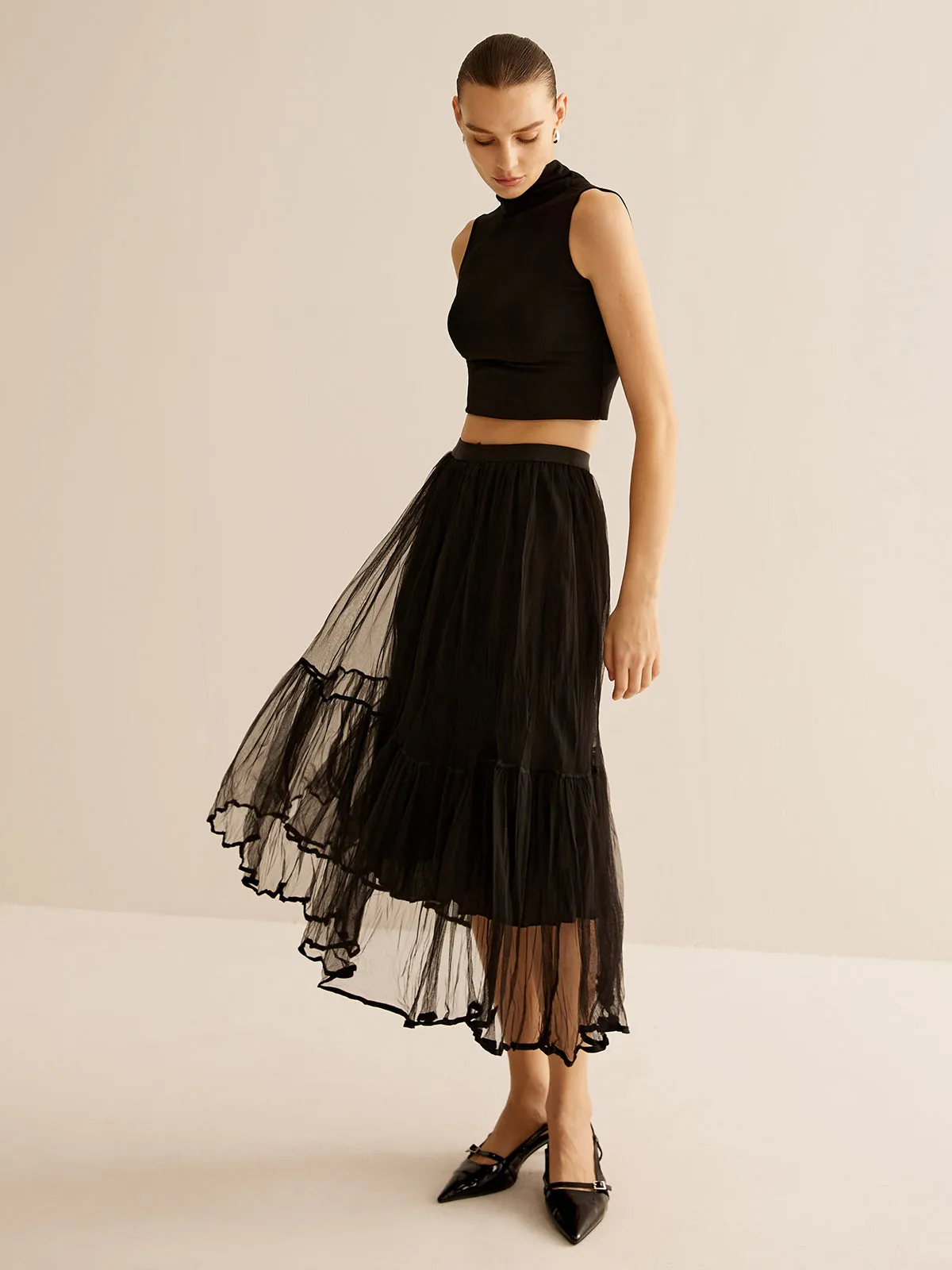 Tulle Ruffle Flowy Midi Skirt sold by COMMENSE product image thumbnail 4