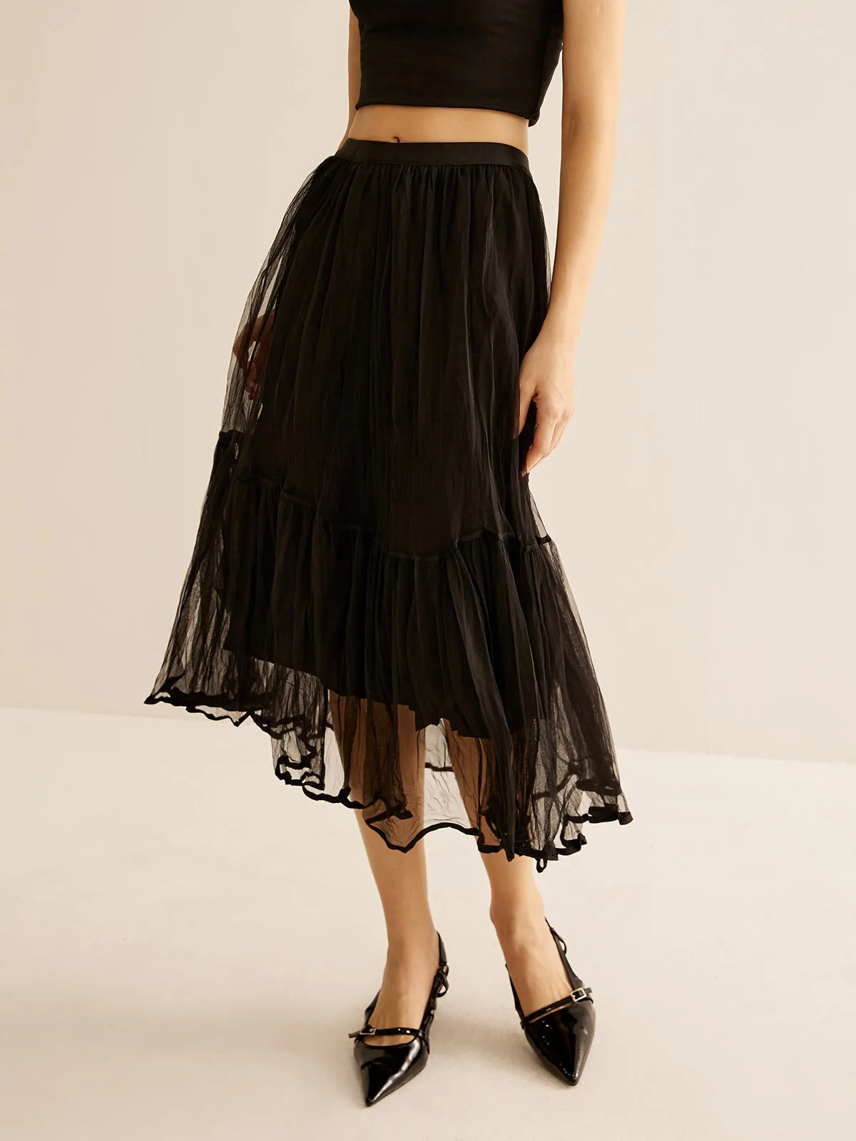 Tulle Ruffle Flowy Midi Skirt sold by COMMENSE