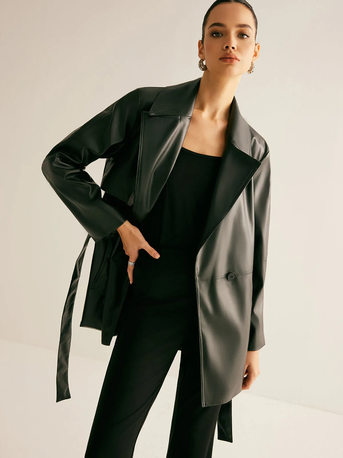 Shift Belted PU Leather Jacket sold by COMMENSE product image thumbnail 2