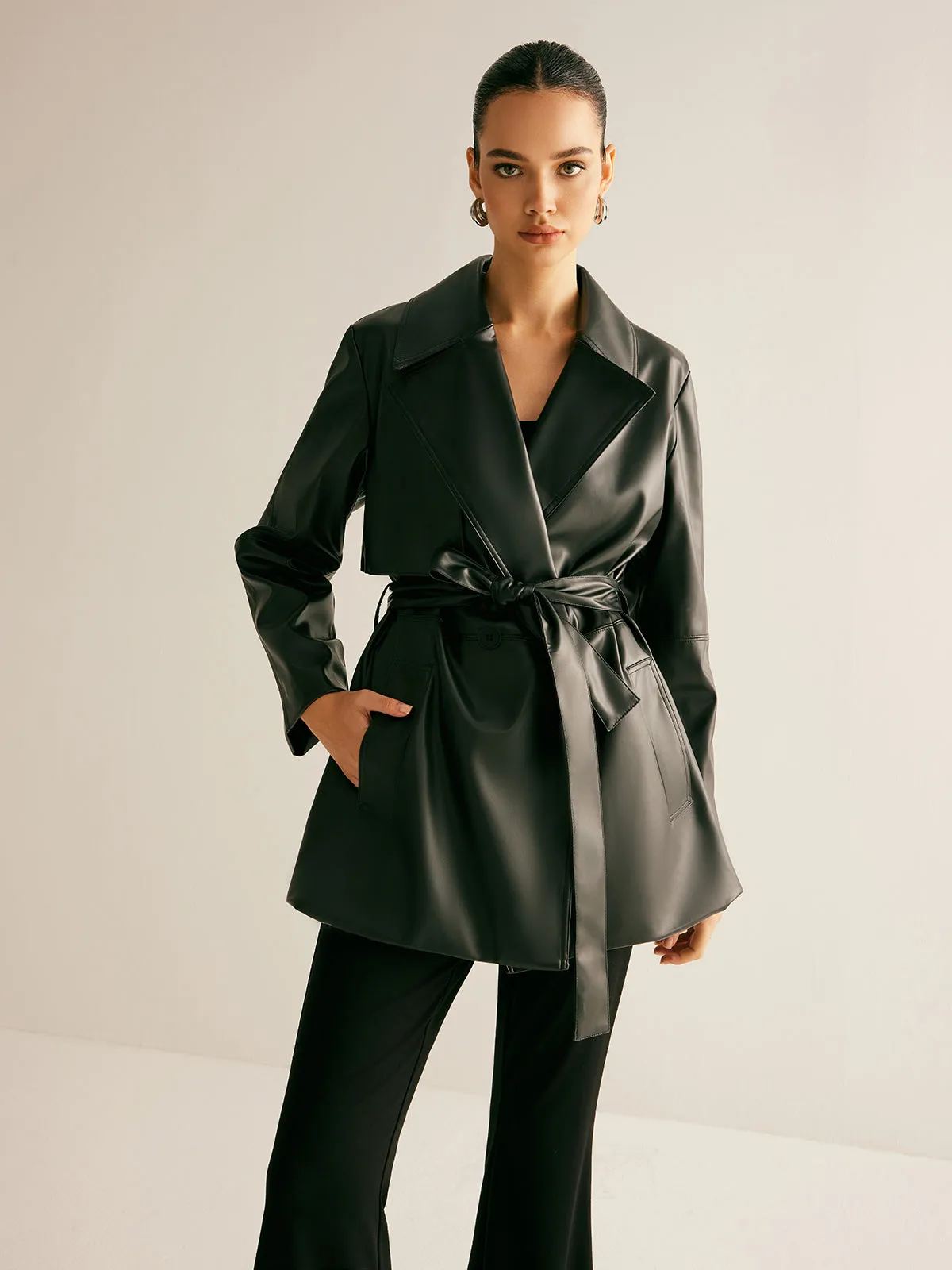 Shift Belted PU Leather Jacket sold by COMMENSE