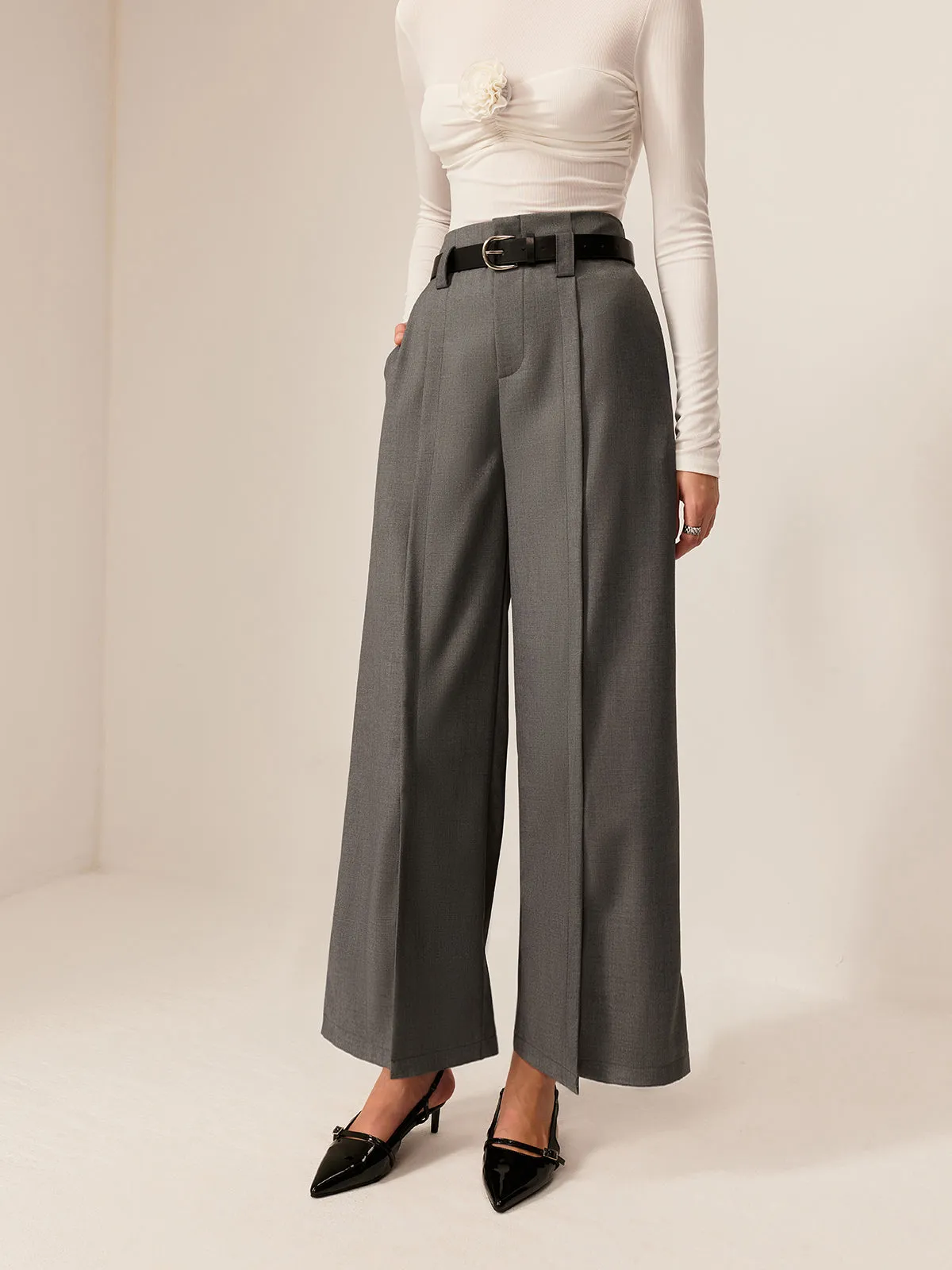 Pleated Wide-Leg Pants Without Belt sold by COMMENSE