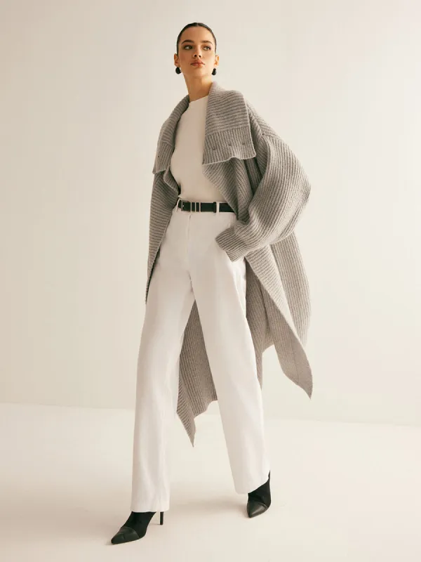 Lapel Scarf Ribbed Long Cardigan sold by COMMENSE