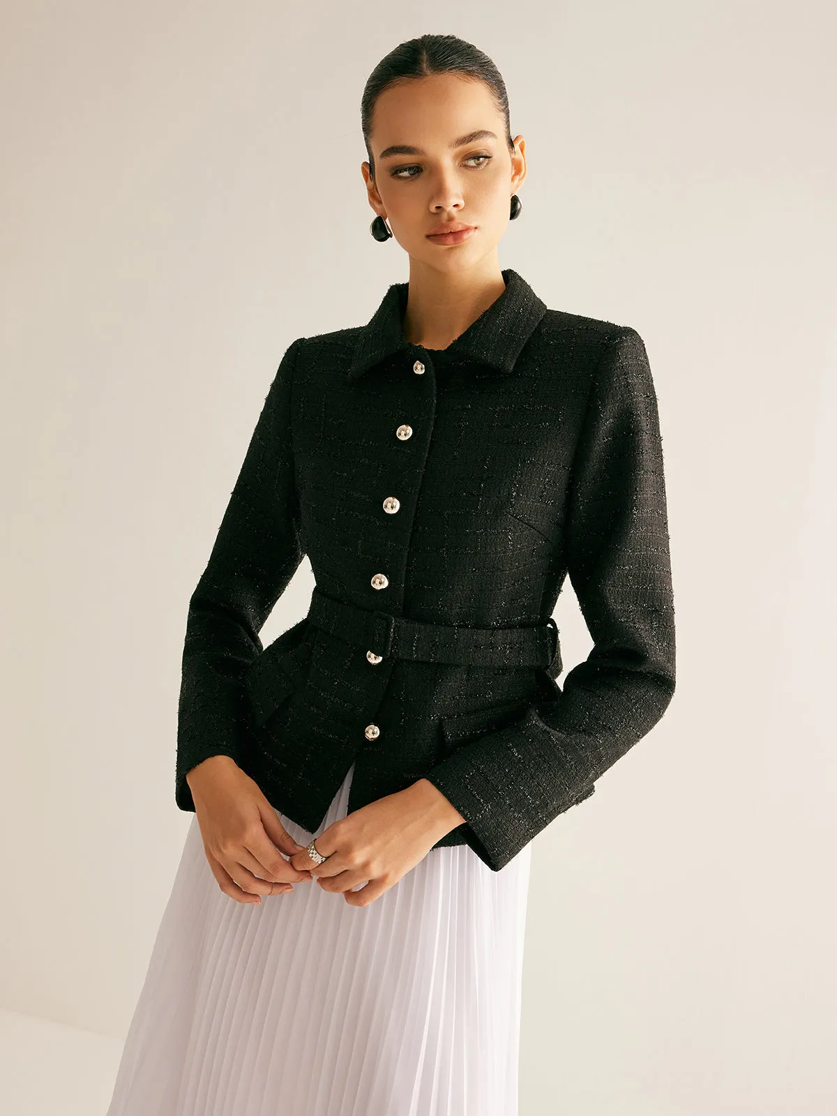 Tweed Button Belted Blazer sold by COMMENSE product image thumbnail 3